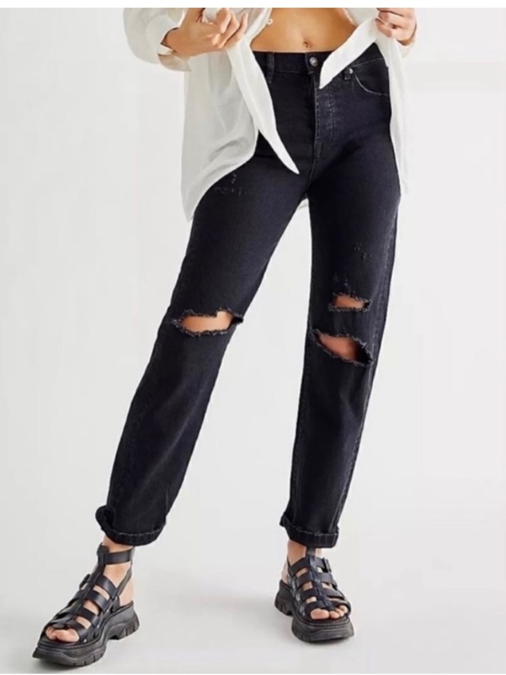 Free People Bren High Rise Rolled Cuff Distressed Crop Boyfriend Jeans 
Size 28